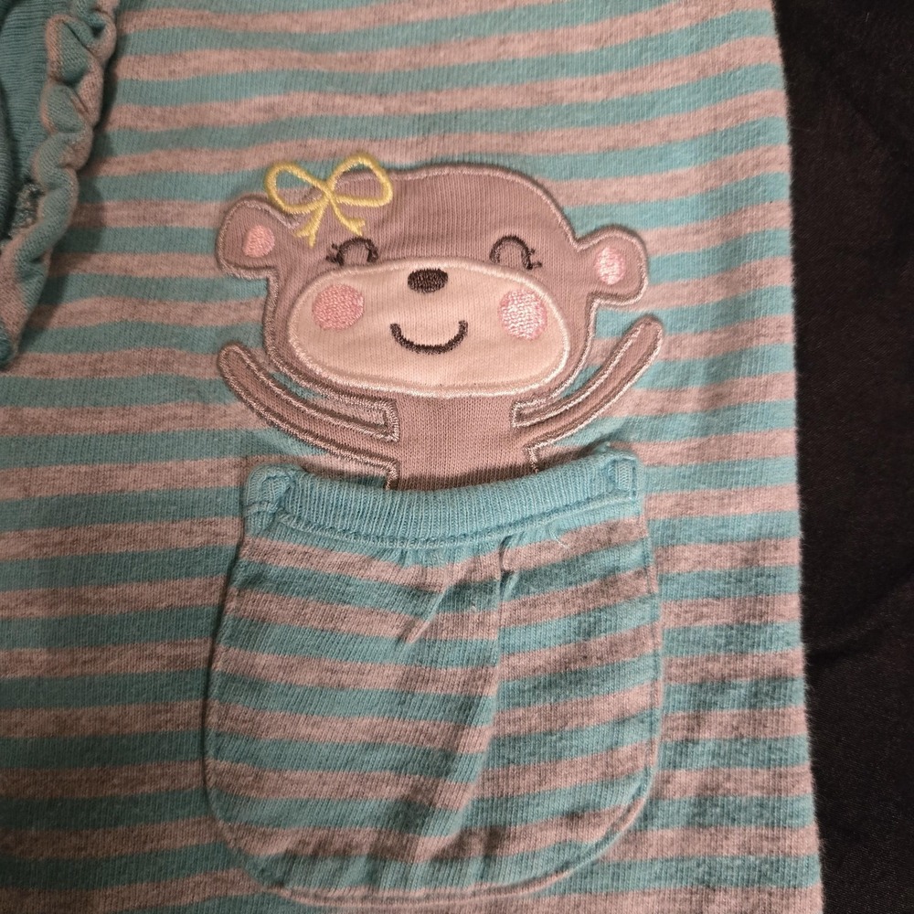 Carter's Coverall Girls 18 Months Blue Striped Monkey Embroider Pocket One Piece - Picture 5 of 7